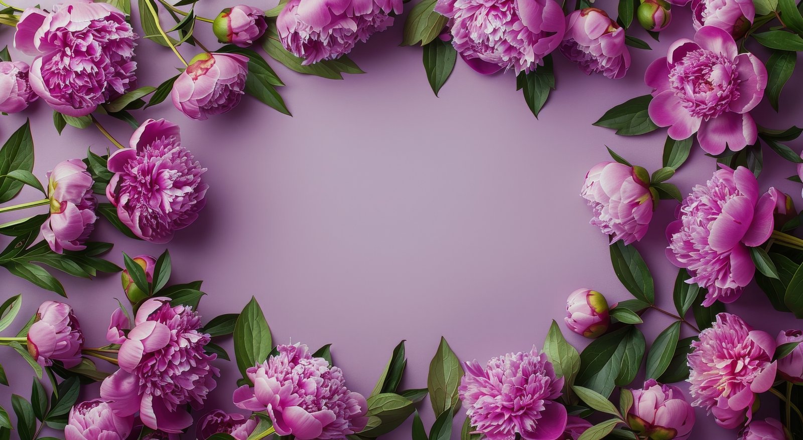 Pink and Purple Peonies and Petals Arranged on a Lilac Background