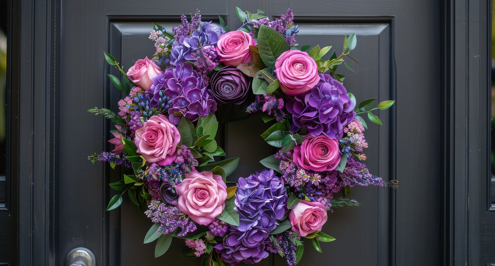 Purple and Pink Floral Wreath on Grey Door