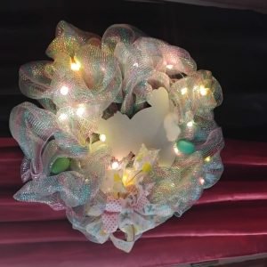 Stripped mesh wreath with white rabbit